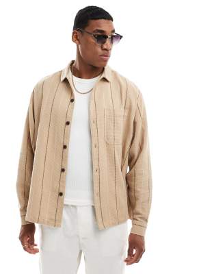 Asos Design Oversized Shirt In Neutral And Brown Basket Stripe