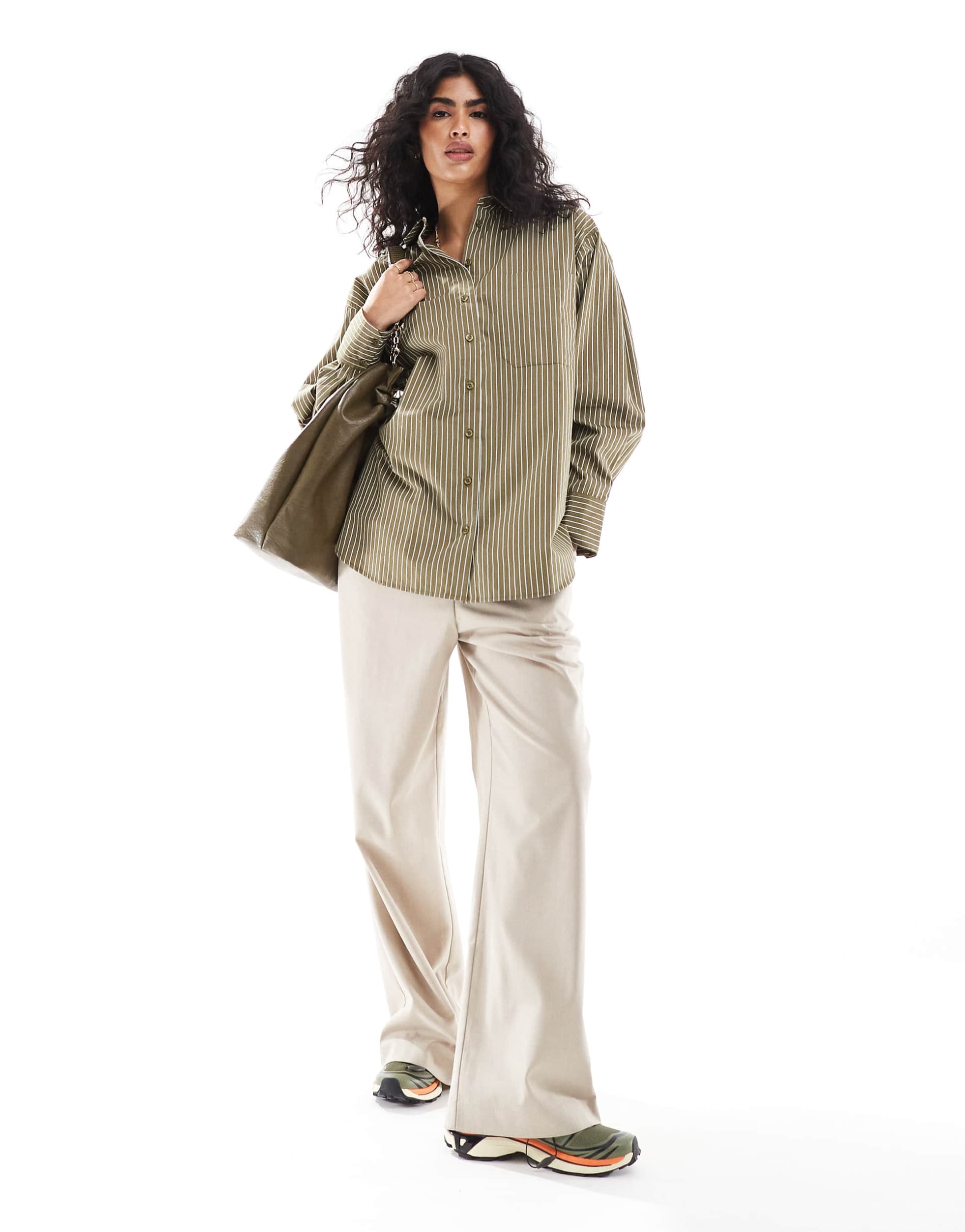 asos design oversized shirt in olive stripe