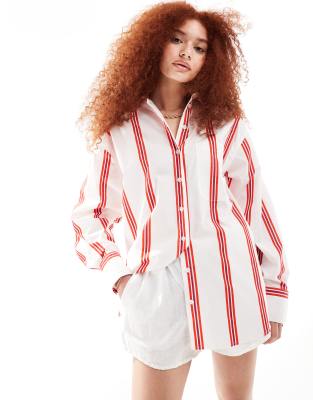 ASOS DESIGN oversized shirt in oxblood stripe-Red