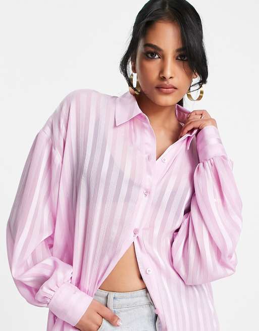 ASOS DESIGN oversized shirt in pink sheer metallic thread stripe | ASOS