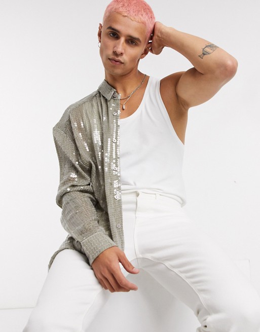 ASOS DESIGN oversized shirt in silver sequin