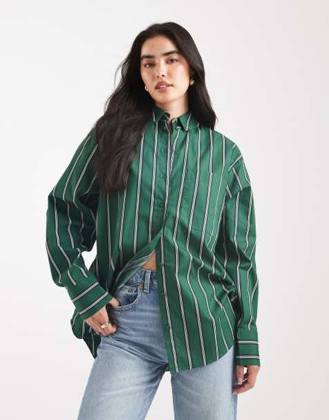 ASOS DESIGN oversized shirt in stripe in green stripe - view 1
