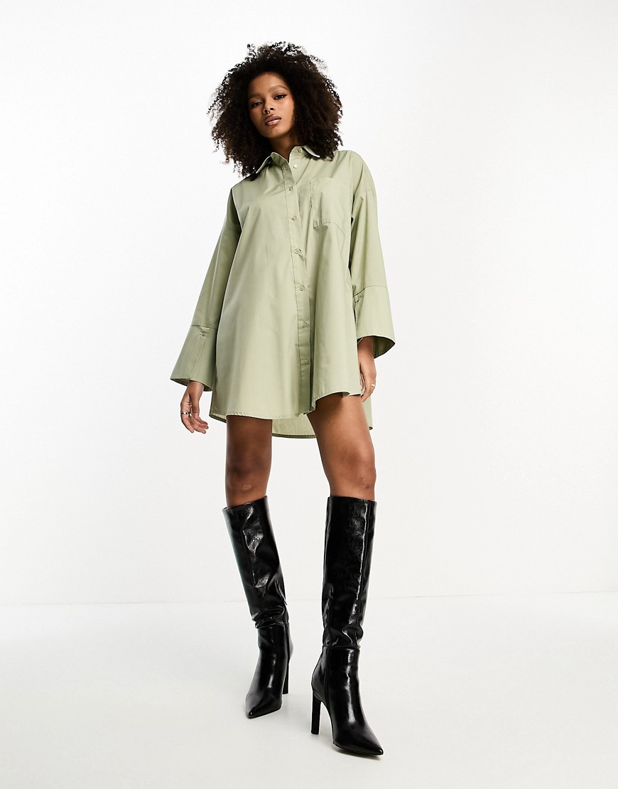 ASOS DESIGN oversized shirt mini dress with large cuff in sage green