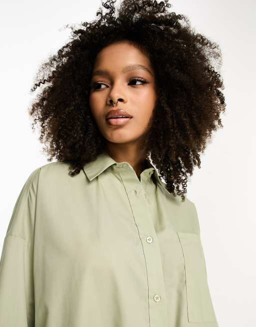 ASOS DESIGN oversized shirt mini dress with large cuff in sage green