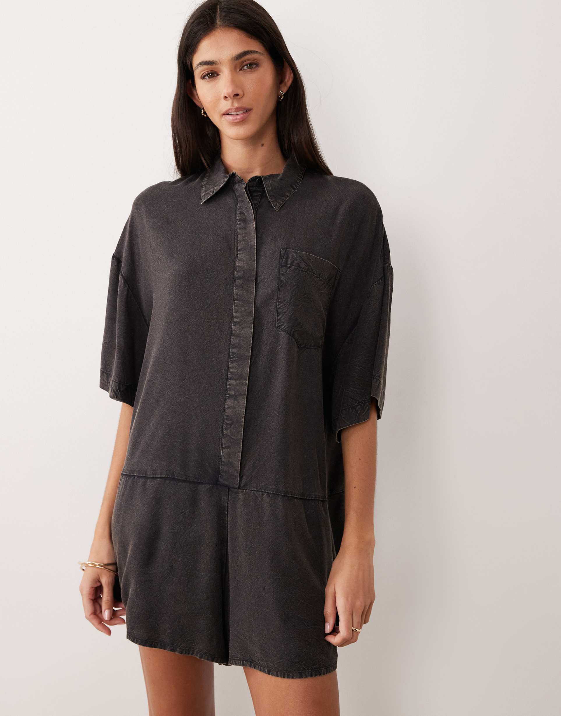asos design oversized shirt romper in washed black