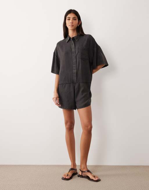 ASOS DESIGN oversized shirt romper in washed black, 2 of 4