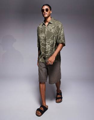 Asos Design Oversized Shirt With Abstract Print In Green