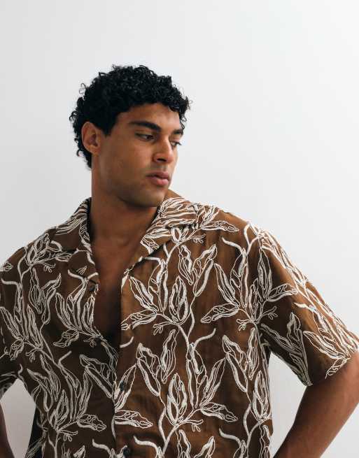 ASOS DESIGN oversized shirt with all over embroidery in brown, 3 of 5