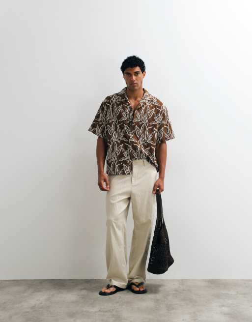 ASOS DESIGN oversized shirt with all over embroidery in brown, 4 of 5