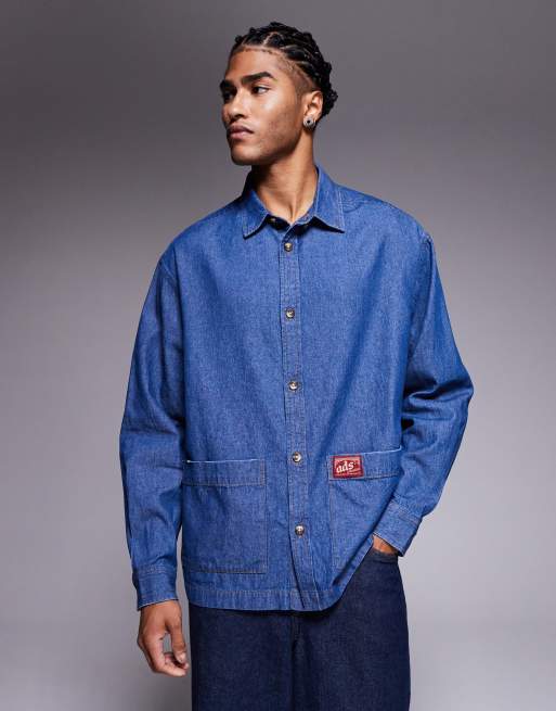 ASOS DESIGN oversized shirt with badge detail in blue