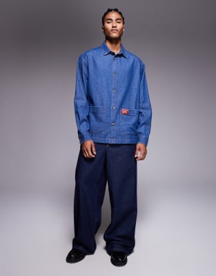 Asos Design Oversized Shirt With Badge Detail In Blue