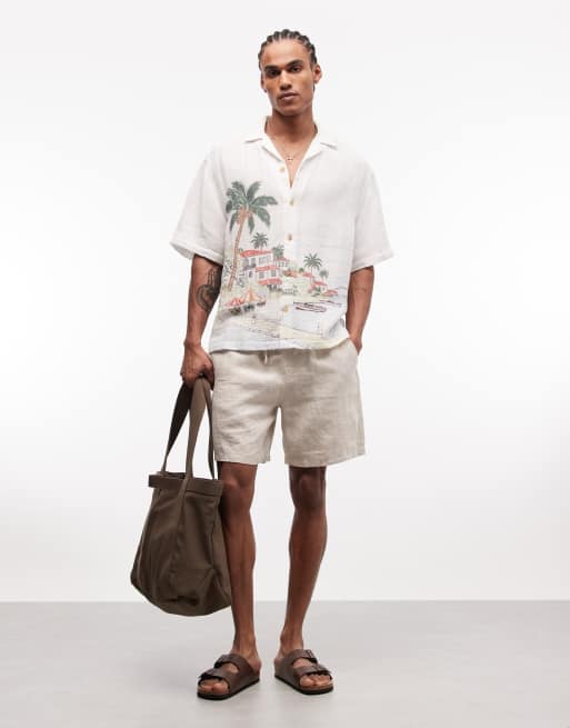 ASOS DESIGN oversized shirt with beach print in beige, 2 of 5