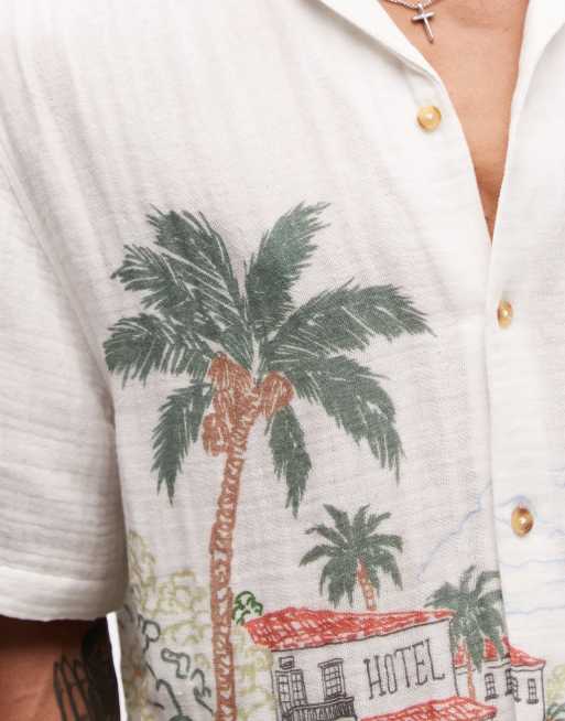 ASOS DESIGN oversized shirt with beach print in beige, 3 of 5