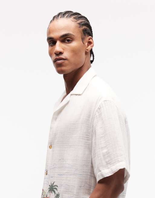 ASOS DESIGN oversized shirt with beach print in beige, 4 of 5
