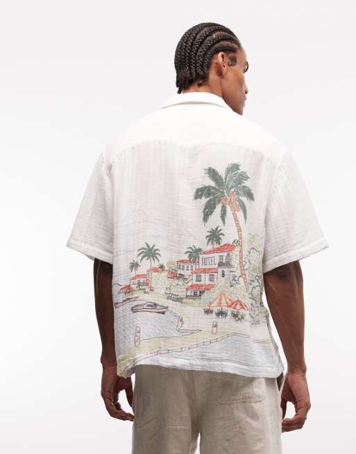 ASOS DESIGN oversized shirt with beach print in beige, 5 of 5