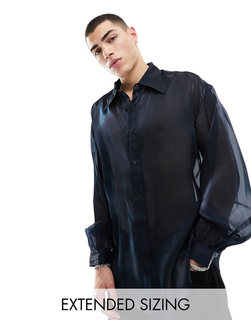 ASOS DESIGN oversized shirt with blouson sleeve in two tone organza in blue-Black