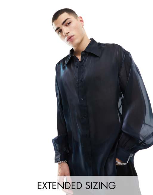 FhyzicsShops DESIGN oversized shirt with blouson sleeve in two tone organza in blue