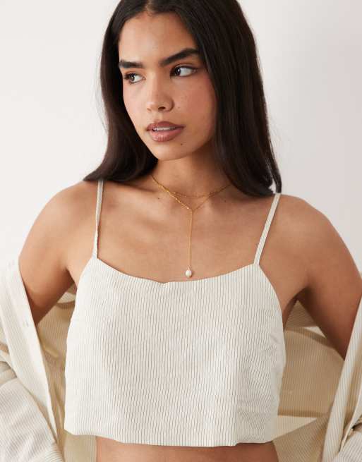 ASOS DESIGN oversized shirt with bralette in stone pinstripe, 3 of 4