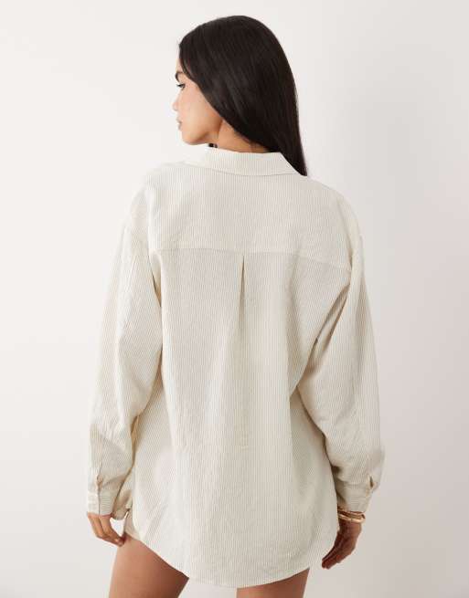 ASOS DESIGN oversized shirt with bralette in stone pinstripe, 4 of 4