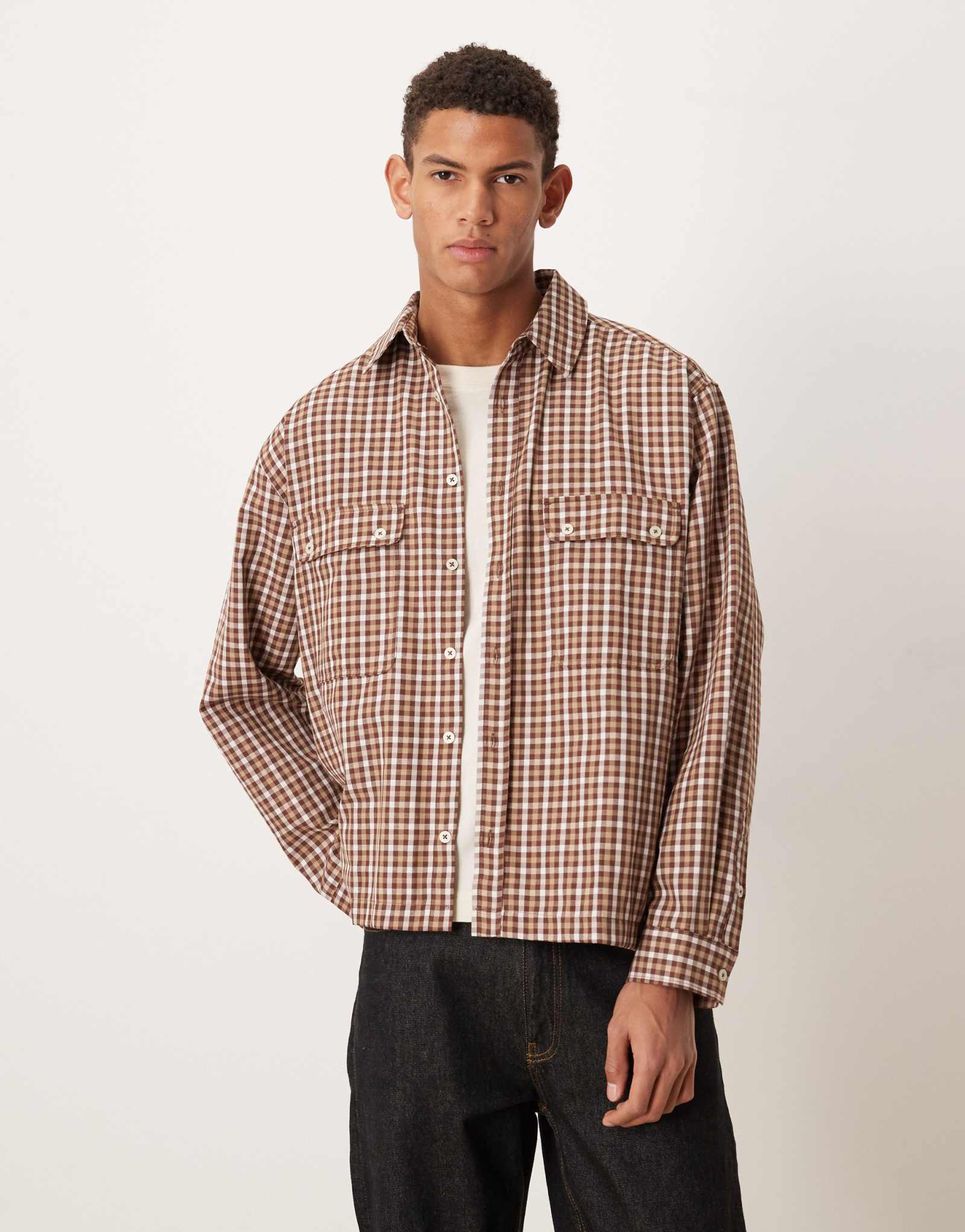 ДИЗАЙНЕРСКАЯ рубашка оверсайз от ASOS в коричневую клетку с накладными карманами