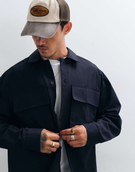 ASOS DESIGN oversized shirt with cargo pockets in navy, 2 of 5