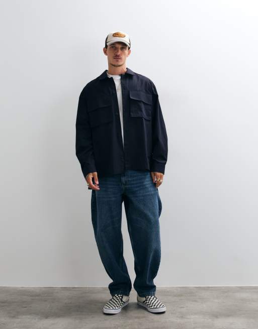ASOS DESIGN oversized shirt with cargo pockets in navy, 3 of 5