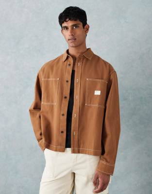 Asos Design Oversized Shirt With Chest Badge In Brown