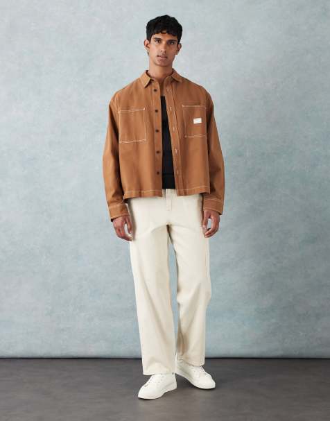 ASOS DESIGN oversized shirt with chest badge in brown - view 1