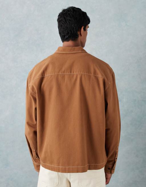 ASOS DESIGN oversized shirt with chest badge in brown