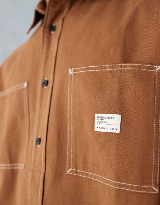 ASOS DESIGN oversized shirt with chest badge in brown, 4 of 5
