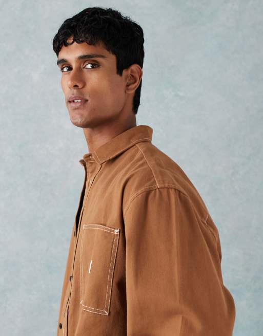 ASOS DESIGN oversized shirt with chest badge in brown