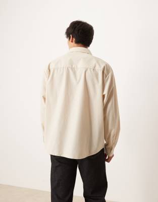 Asos Design Oversized Shirt With Chest Embroidery In Neutral