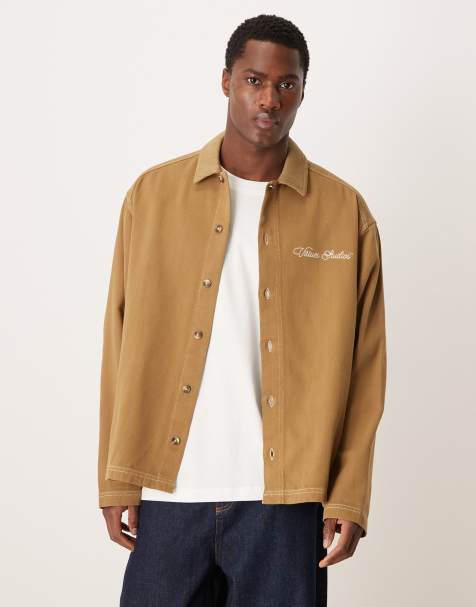 ASOS DESIGN oversized shirt with chest embroidery in brown - view 1