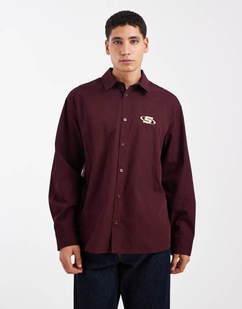 ASOS DESIGN oversized shirt with chest embroidery in burgundy