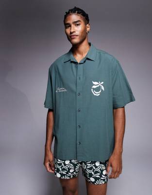 Asos Design Oversized Shirt With Chest Embroidery In Blue