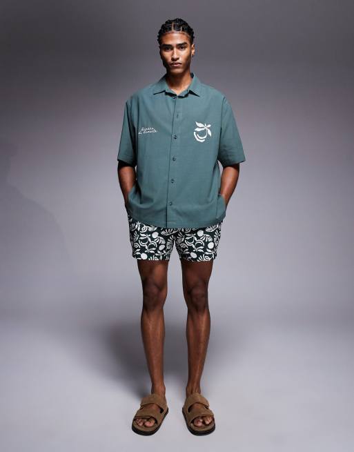ASOS DESIGN oversized shirt with chest embroidery in green (part of a set), 3 of 5