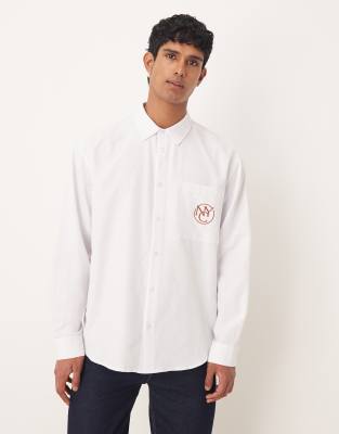 Asos Design Oversized Shirt With Chest Embroidery In White