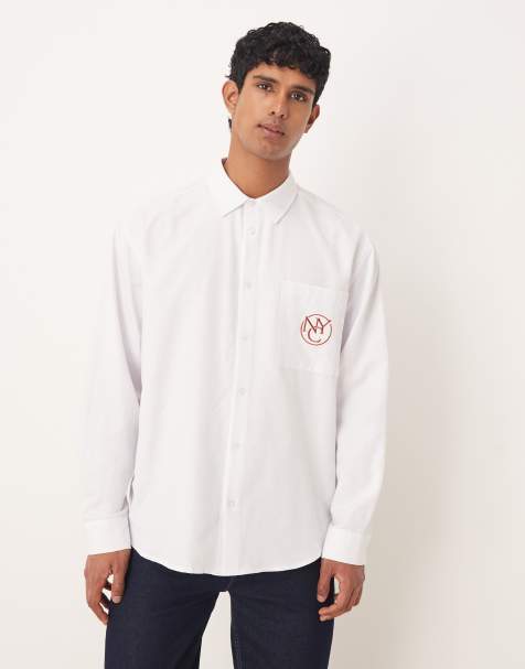 ASOS DESIGN oversized shirt with chest embroidery in white - view 1
