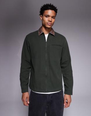 Asos Design Oversized Shirt With Contrast Leopard Collar In Green