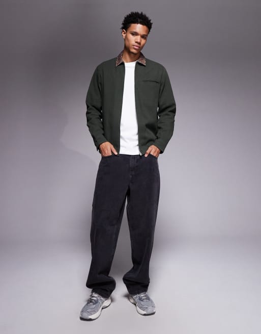 ASOS DESIGN oversized shirt with contrast leopard collar in green, 2 of 5