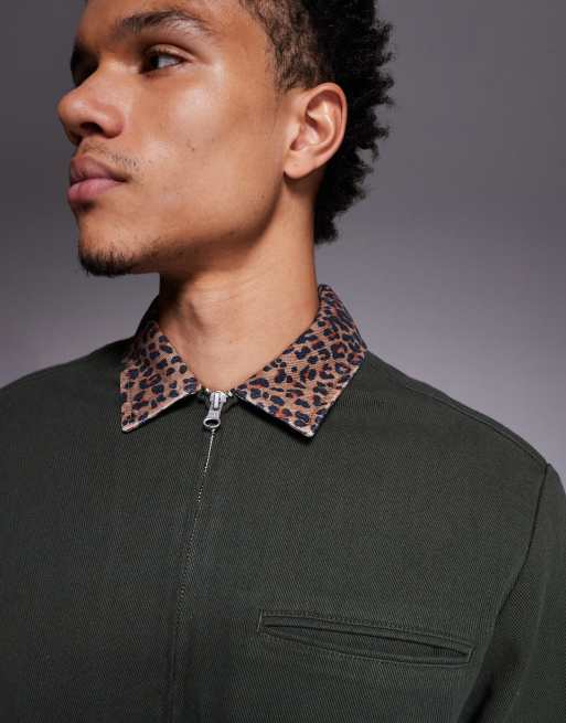 ASOS DESIGN oversized shirt with contrast leopard collar in green, 4 of 5