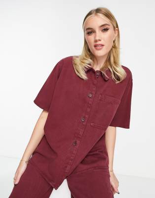 Asos Design Oversized Shirt With Contrast Stich In Wine Co Ord Asos