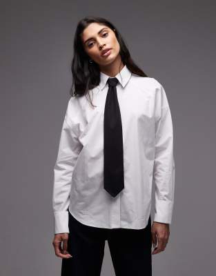 Asos Design Oversized Shirt With Contrast Tie-white