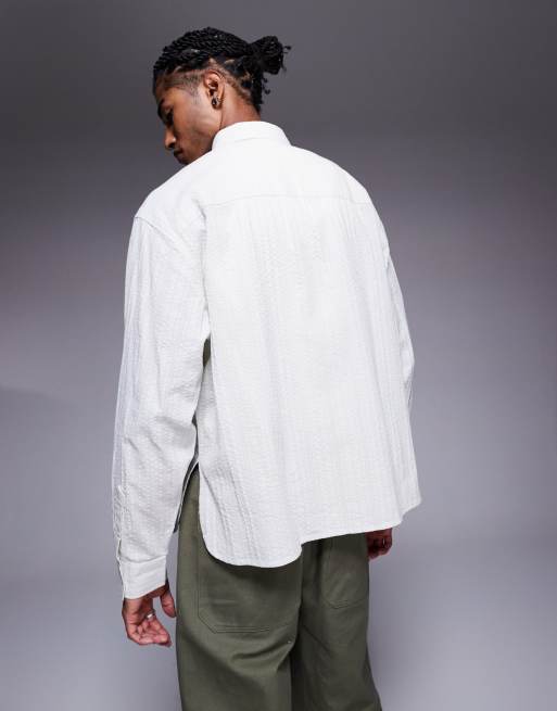 ASOS DESIGN oversized shirt with curved split hem in ecru jacquard, 4 of 4