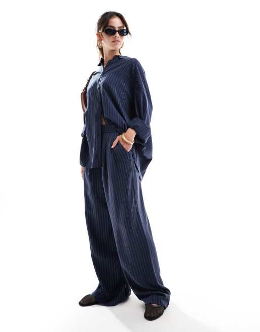 ASOS DESIGN oversized shirt with cutabout panels in navy stripe, 2 of 4