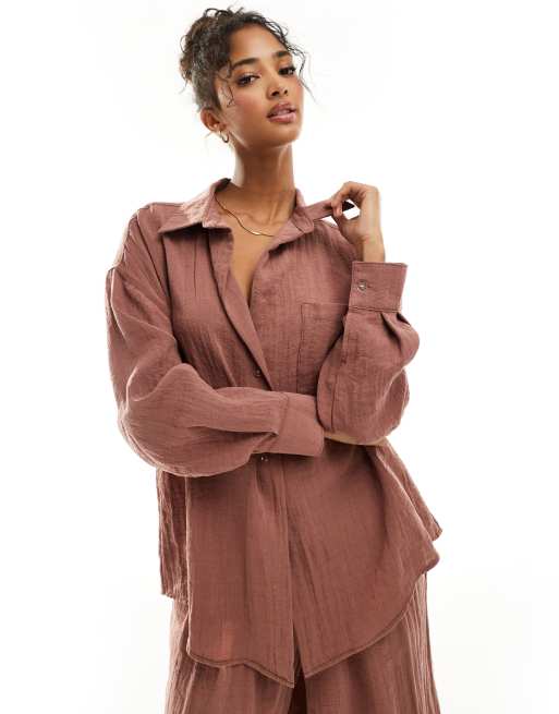 ASOS DESIGN oversized shirt with drop collar in textured fabric in rust (part of a set)