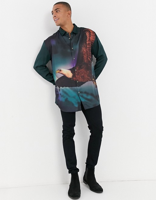 ASOS DESIGN oversized shirt with eagle placement print in satin
