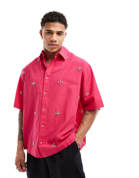 ASOS DESIGN oversized shirt with embellishment in pink - view 1
