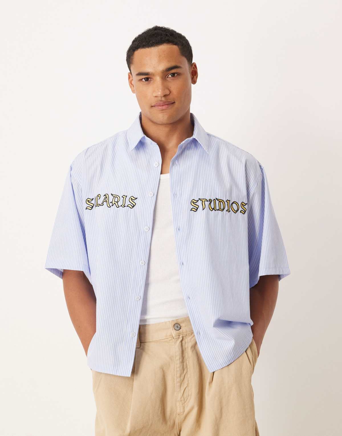 ASOS DESIGN oversized shirt with embroidery in blue stripe