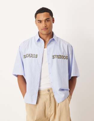ASOS DESIGN oversized shirt with embroidery in blue stripes - view 1